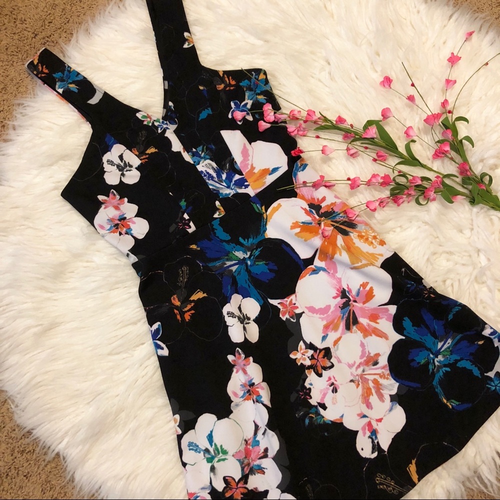 Express floral fit and flare v neck dress